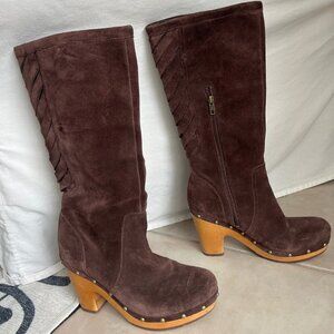 UGG Rumer Weave Brown Suede Tall Boots with chunky wooden heel, US Size 8 Women